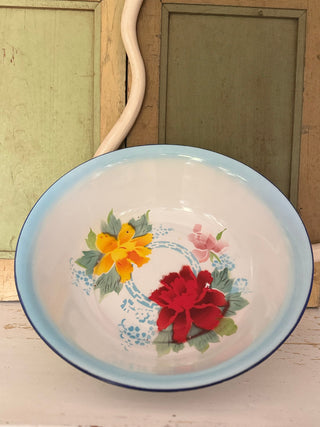 SanDahlia schaal Emaillie schaal blauw met bloemen groot Emaillie schaal blauw met bloemen groot