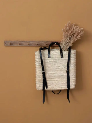 Melecraft Rugzak met rieten - Strandtas van stro met leren riem Rugzak met rieten - Strandtas van stro met leren riem