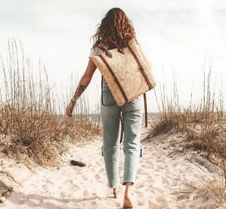 Melecraft Rugzak met rieten - Strandtas van stro met leren riem: Natuurlijk Rugzak met rieten - Strandtas van stro met leren riem: Natuurlijk