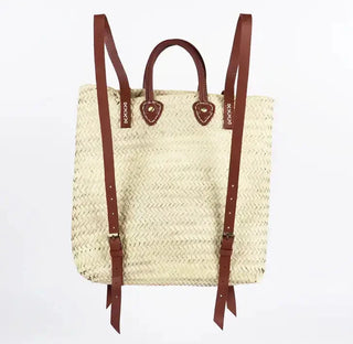 Melecraft Rugzak met rieten - Strandtas van stro met leren riem: Bruin Rugzak met rieten - Strandtas van stro met leren riem: Bruin