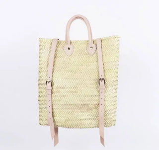 Melecraft Rugzak met rieten - Strandtas van stro met leren riem: Bruin Rugzak met rieten - Strandtas van stro met leren riem: Bruin