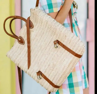 Melecraft Rugzak met rieten - Strandtas van stro met leren riem: Bruin Rugzak met rieten - Strandtas van stro met leren riem: Bruin