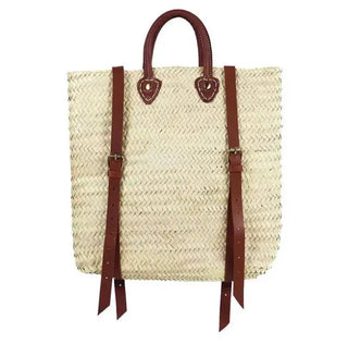 Melecraft Rugzak met rieten - Strandtas van stro met leren riem: Bruin Rugzak met rieten - Strandtas van stro met leren riem: Bruin