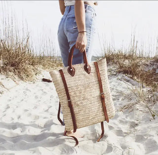 Melecraft Rugzak met rieten - Strandtas van stro met leren riem: Bruin Rugzak met rieten - Strandtas van stro met leren riem: Bruin
