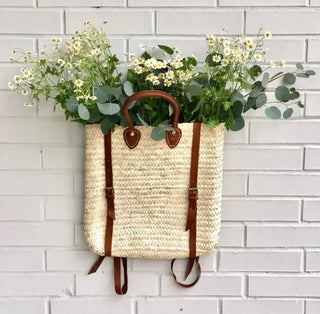 Melecraft Rugzak met rieten - Strandtas van stro met leren riem: Bruin Rugzak met rieten - Strandtas van stro met leren riem: Bruin
