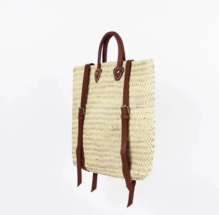 Melecraft Rugzak met rieten - Strandtas van stro met leren riem: Bruin Rugzak met rieten - Strandtas van stro met leren riem: Bruin